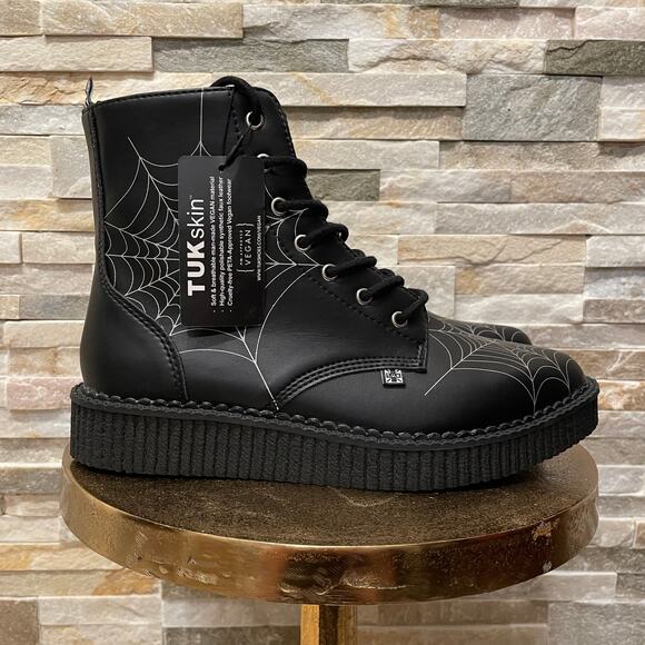 T.U.K. M7 W9 Spiderweb Glow Boots | Creepers Black TUKskin A9746 Shoe Unisex NWT - Picture 1 of 11